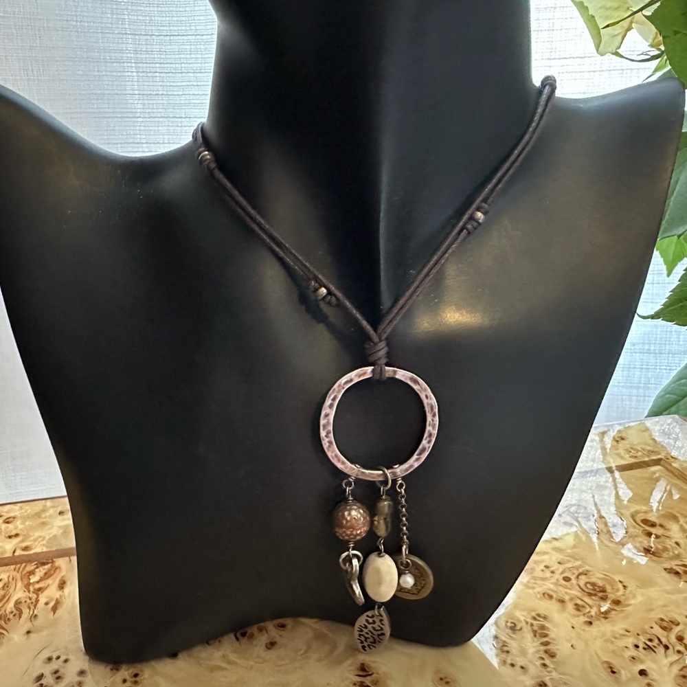 Retired Silpada Sterling Silver Hammered Oxidized  Circle w Beaded Cord Necklace